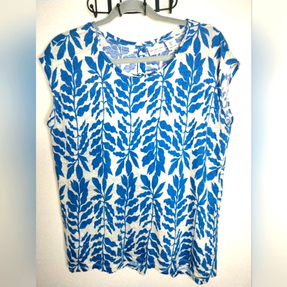 Rachel Zoe (Size L) Blue & White 100% Linen Back Button Cap Sleeve Boxy Blouse